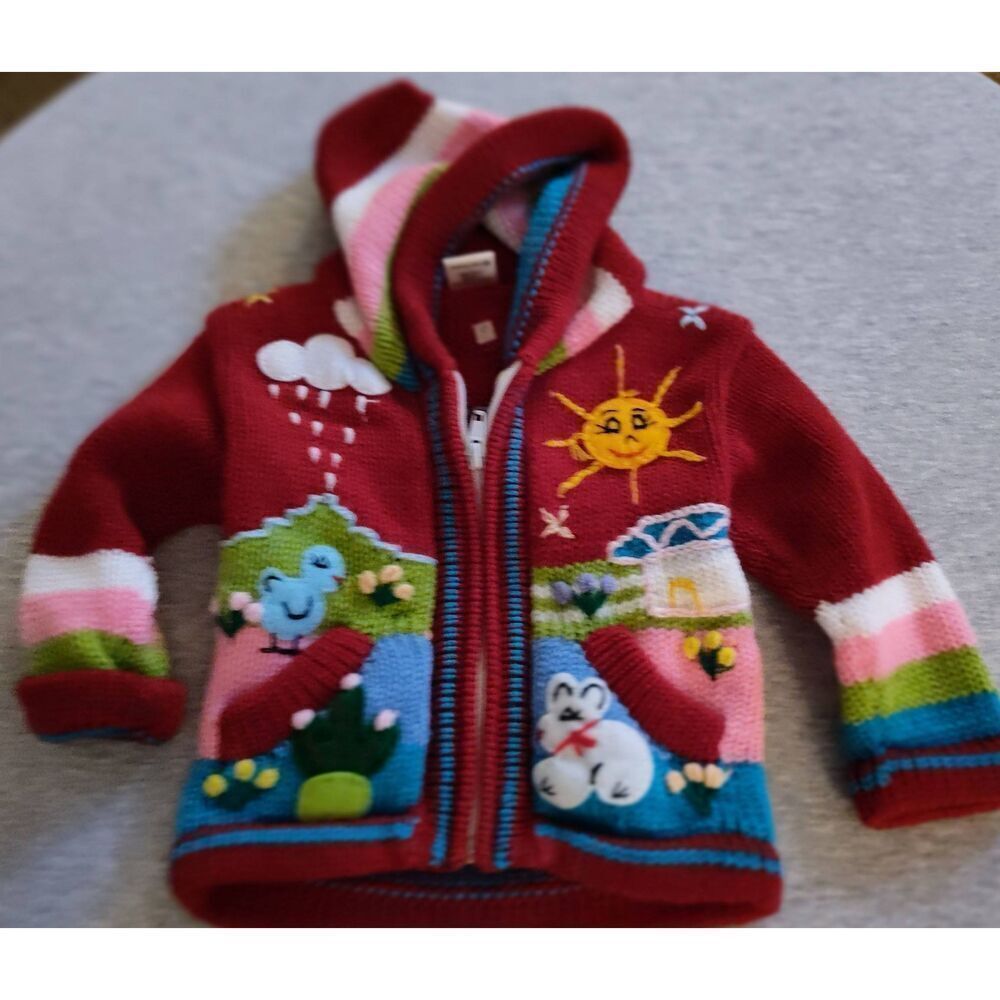 PERUVIAN HAND KNIT PATCHWORK HOODED ZIP UP RED SWEATER NEW